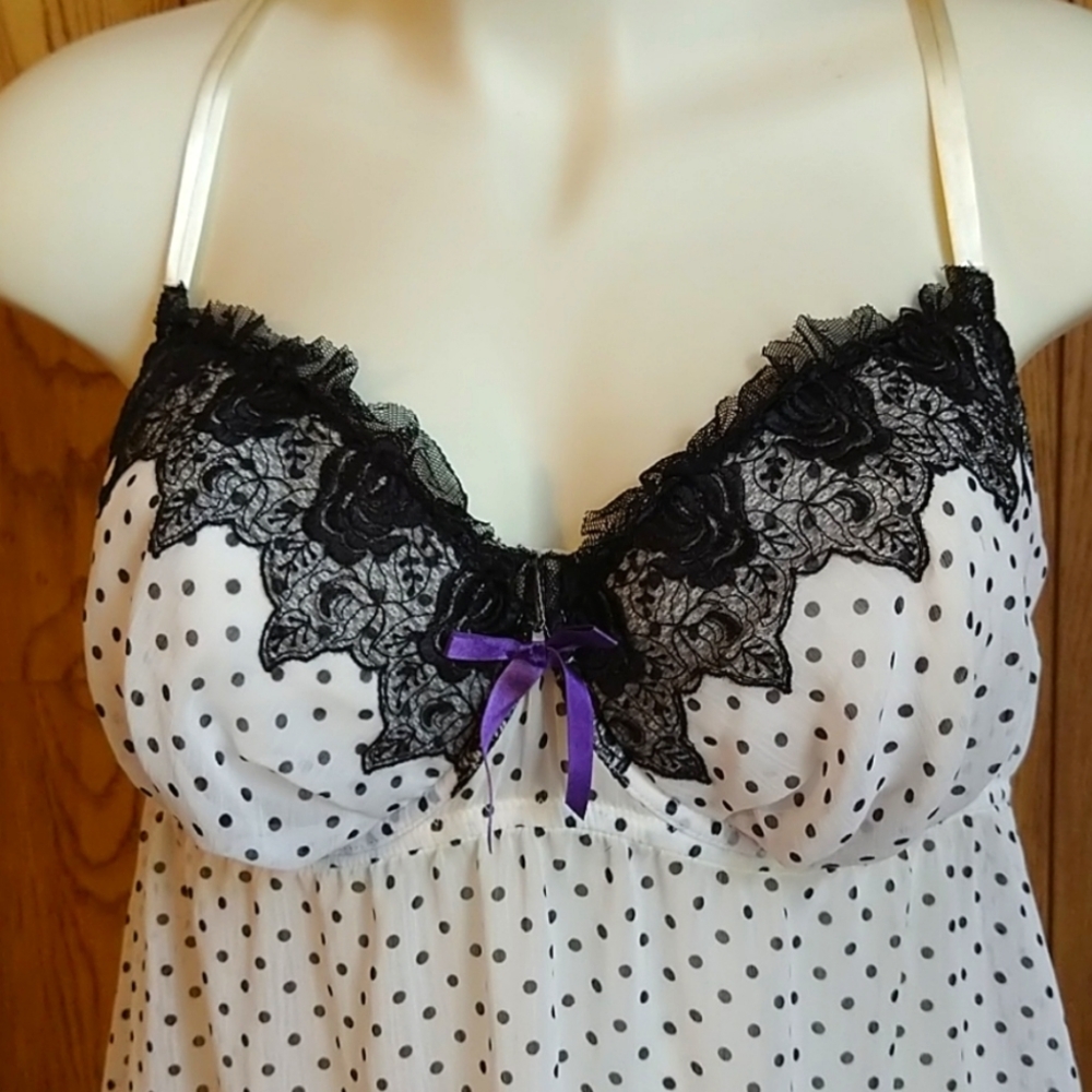 Lane Bryant White Polka Dot & Black Lace Babydoll with Purple Bow. Worn once! - Picture 2 of 4